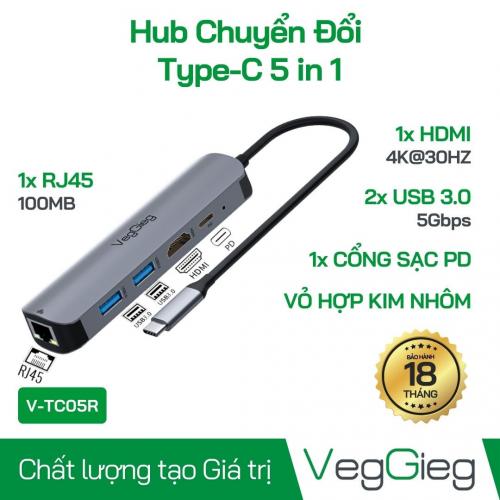 Bộ chuyển đổi USB type C sang HDMI (5 in 1) VegGieg V-TC05R - Có LAN