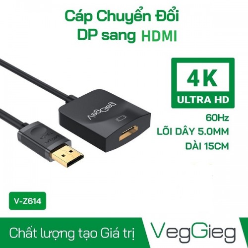 Cáp chuyển DISPLAYPORT SANG HDMI 4K MÀU ĐEN VEGGIEG V-Z614