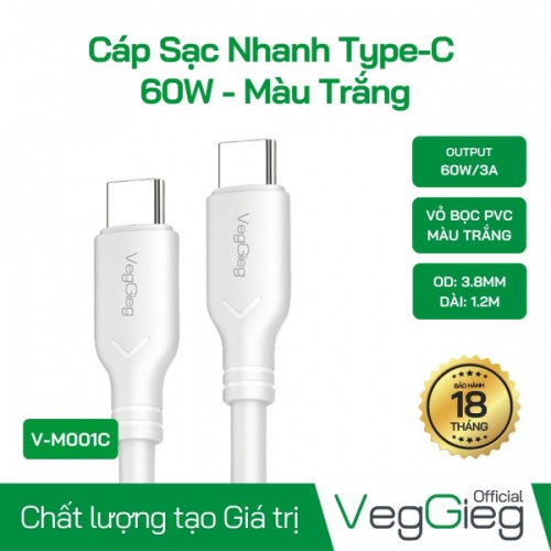 Cáp Sạc Nhanh veggieg Type-C 60W Màu Trắng - V-M001C