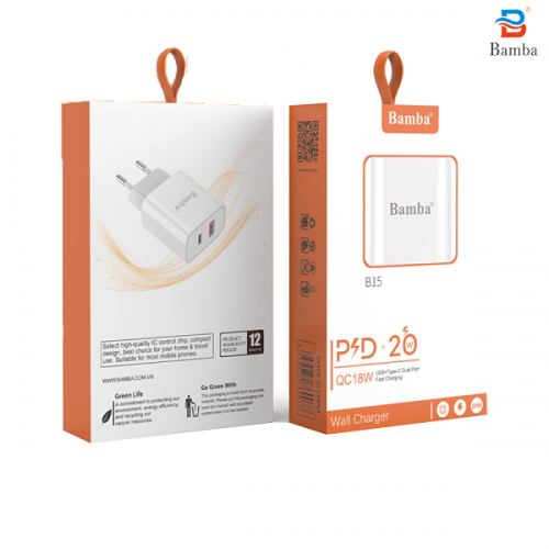 Cục Sạc Điện thoại Bamba B15 20W 1USB+1USB C Sạc nhanh
